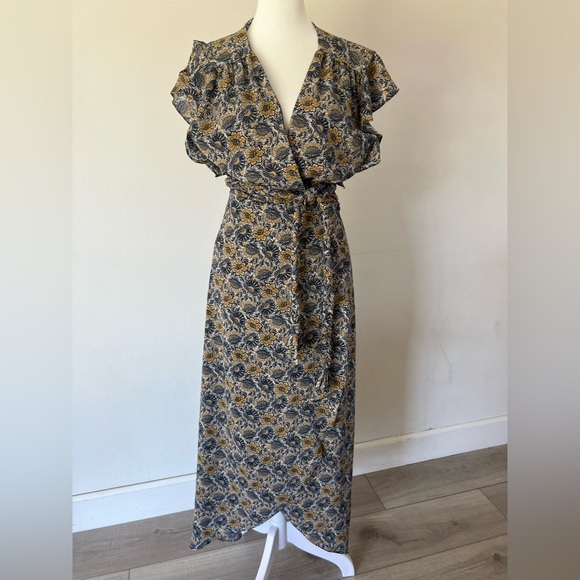 MISA Los Angeles Carolina Dress Floral Short Flutter Sleeve True Wrap Midi Dress - Picture 3 of 12